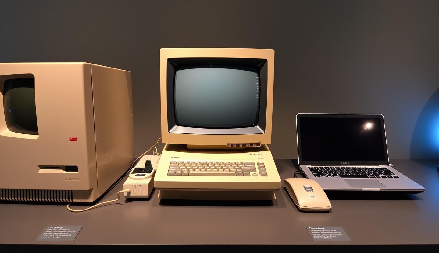 Un vieil ordinateur beige des années 1990 à côté d'un portable moderne et d'un appareil futuriste lumineux, présentés comme dans un musée